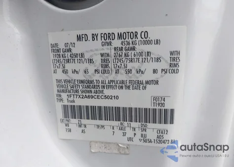 2012 Ford F-250 Xl from USA, damaged, VIN 1FT7X2A69CEC50210